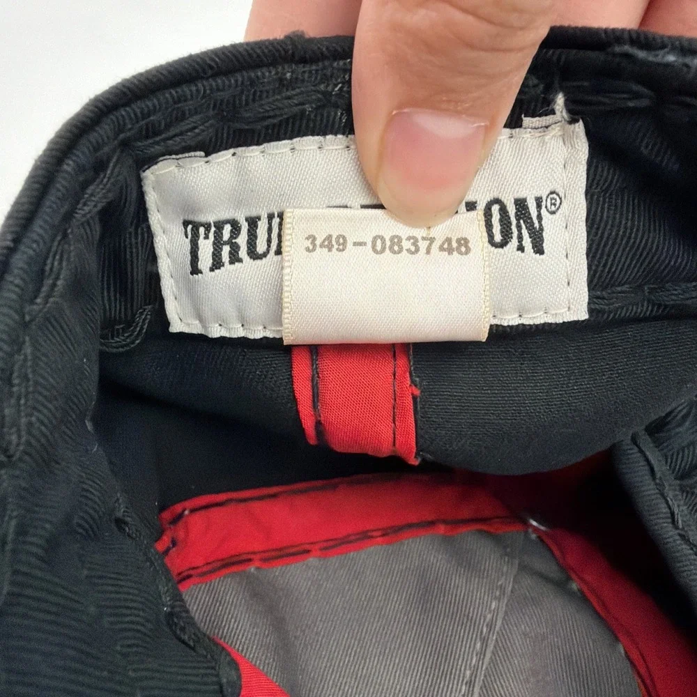 True Religion Hat Cap Mens One Size Black Horseshoe Drip Logo Leather Strapback